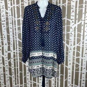 Chelsea & Violet Boho Navy & White Square Brass Sequin Semi-Sheer Tunic Top sz S